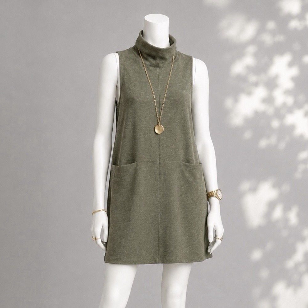 Free People Getaway Shift Dress S Army Green  Mock Neck Sleeveless Mod mini